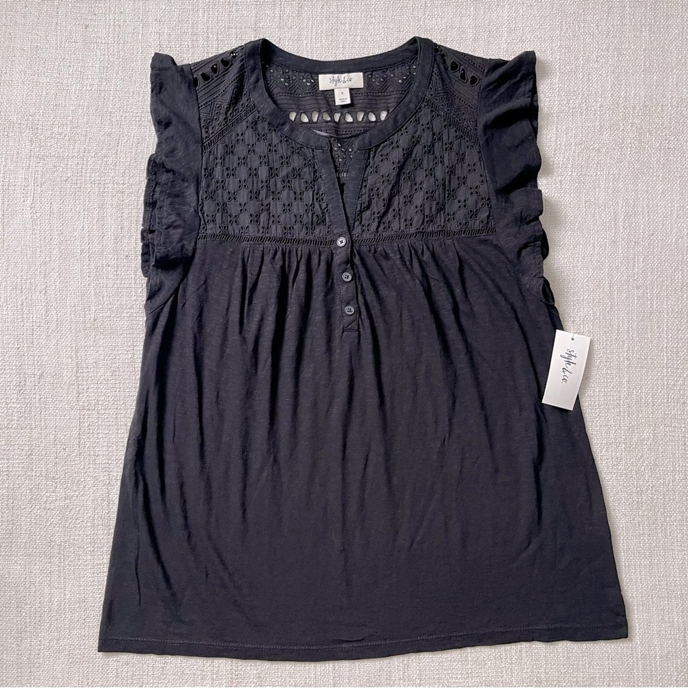 Style & Co. Eyelet Flutter Sleeve Black Top - Picture 3 of 6